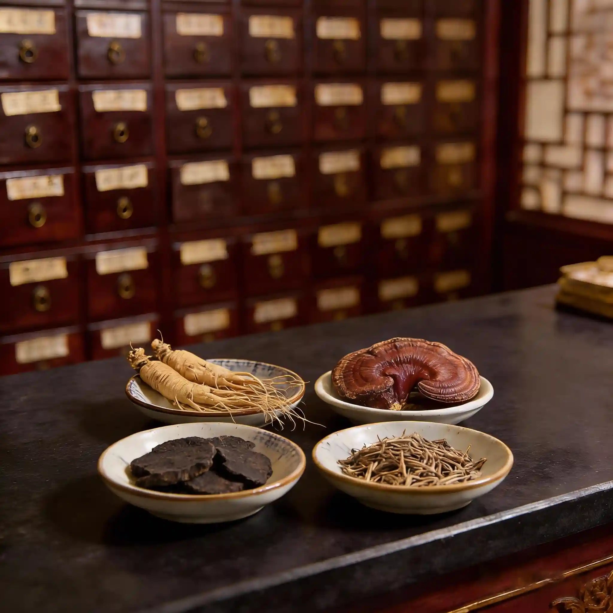 Regionally sourced traditional Chinese herbs including premium ginseng and glossy lingzhi reishi mushroom in ceramic dishes.