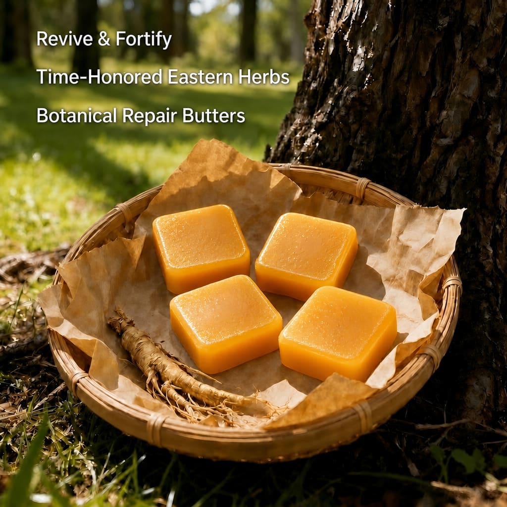 Restorative conditioner bars with natural herbal ingredients, botanical hair care products for dry and damaged hair