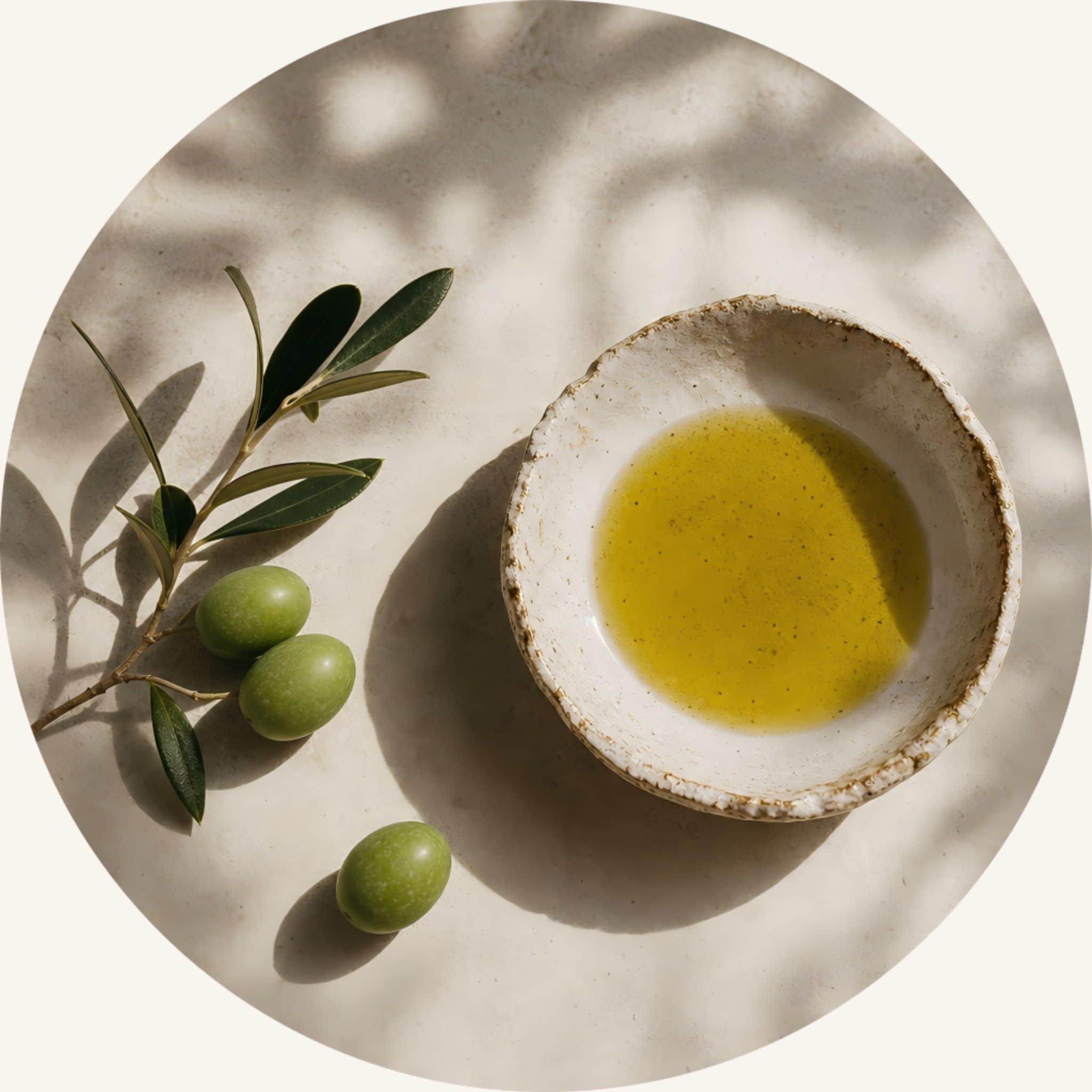 Rich botanical Olive Oil in a ceramic saucer paired with fresh green olives on a branch, helping to soften and protect the skin for a comfortable after-wash feel.