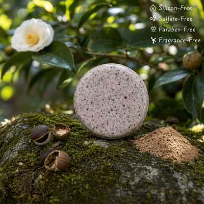Scalp care anti-thinning shampoo bar resting on a moss-covered stone beside camellia seed pomace powder, with white camellia flowers in background — silicone-free sulfate-free fragrance-free