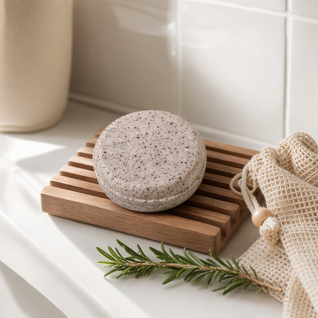 Shampoo bar for oily hair on a wooden soap rack in a minimalist white bathroom — pH-balanced botanical shampoo with cotton mesh bag and rosemary sprig