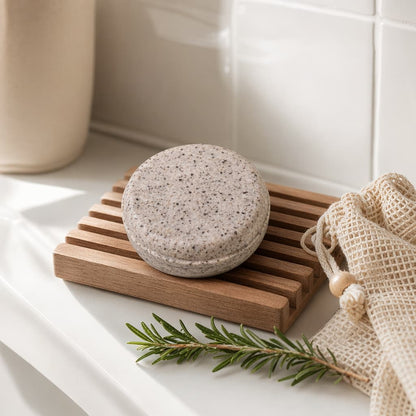 Shampoo bar for oily hair on a wooden soap rack in a minimalist white bathroom — pH-balanced botanical shampoo with cotton mesh bag and rosemary sprig