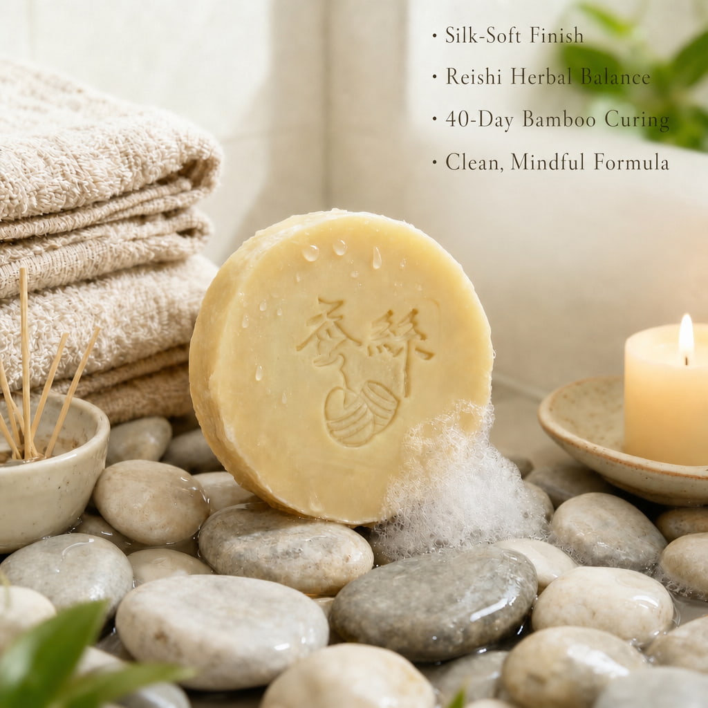 Silk & Reishi luxury body bar on spa stones with candle — artisan soap bar for a calming cleanse