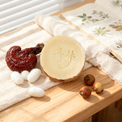 Silk and Reishi natural bar soap on a wooden tray with reishi mushroom — camellia oil for skin nourishment and botanical luxury