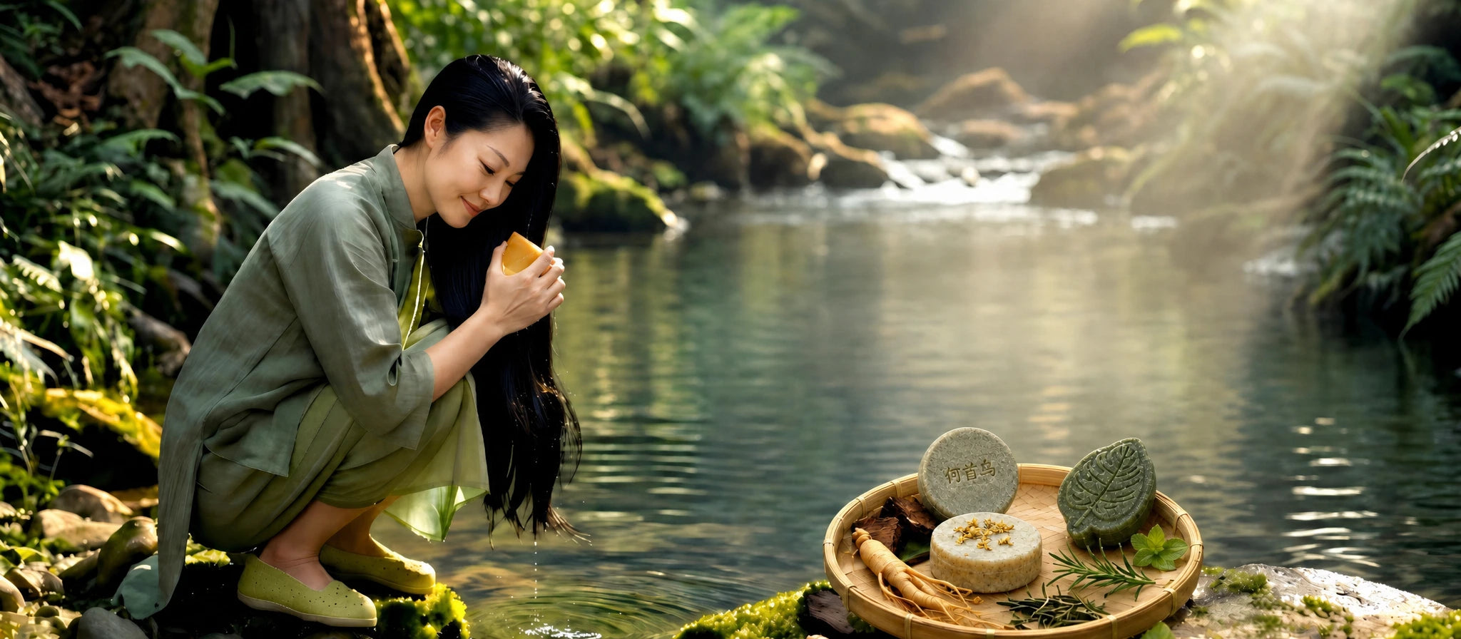 SootheHerbs Eastern herbal wisdom haircare ritual, featured by a woman with long healthy hair next to natural ginseng and shampoo bars.