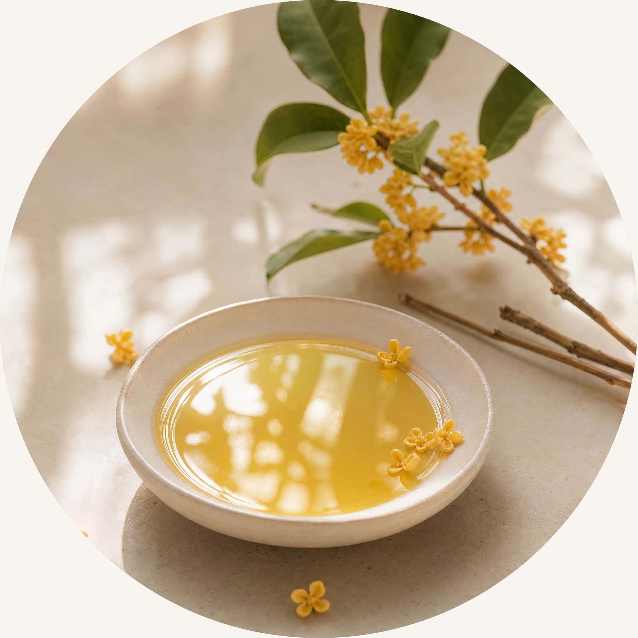 SootheHerbs Osmanthus oil in a small dish, a key botanical ingredient in our Restorative Shampoo and Conditioner Bar to gently purify and tame frizz.