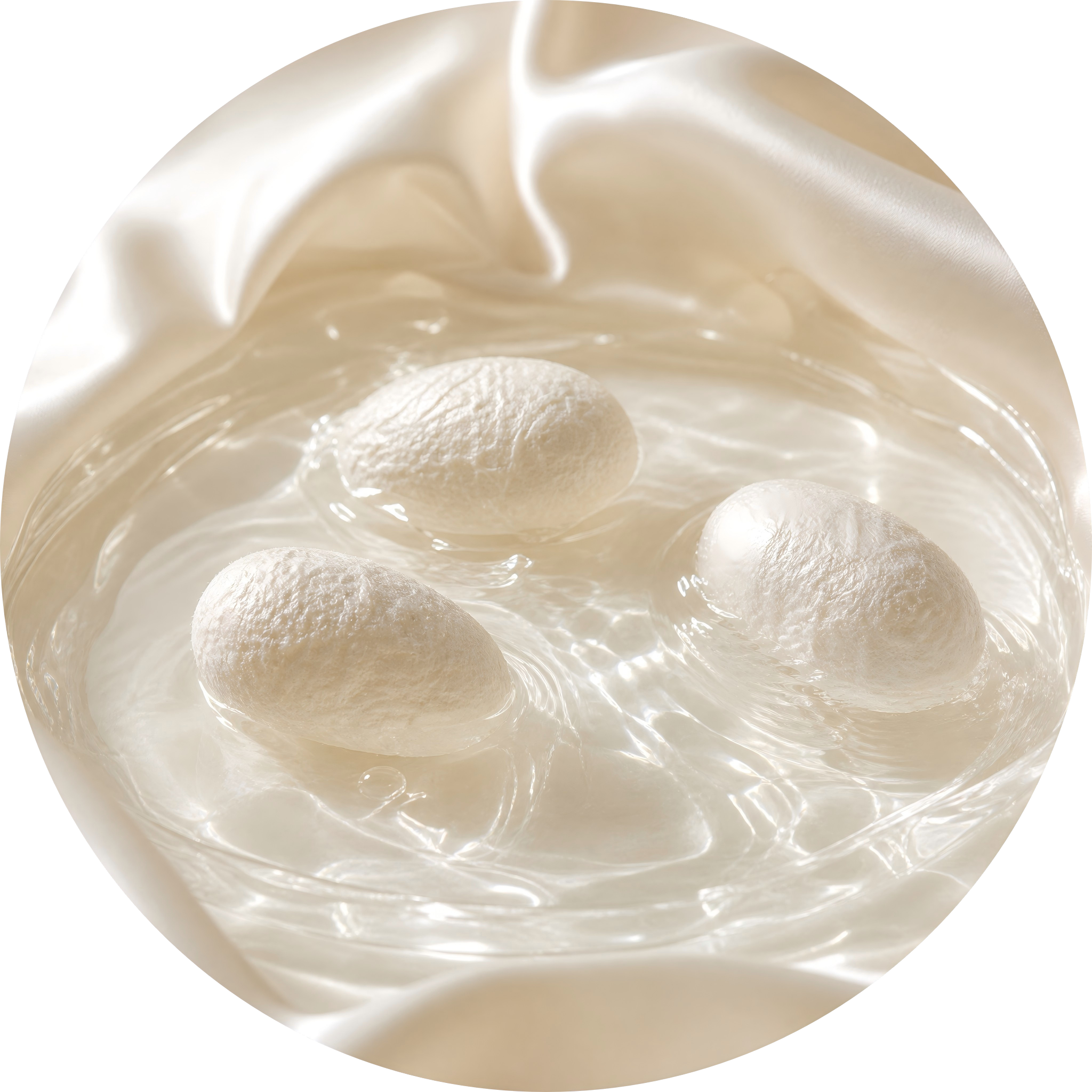 SootheHerbs Silk Protein cocoons in swirling water, featured in the moisturizing shampoo to smooth cuticles for a natural, silky shine on damaged strands.