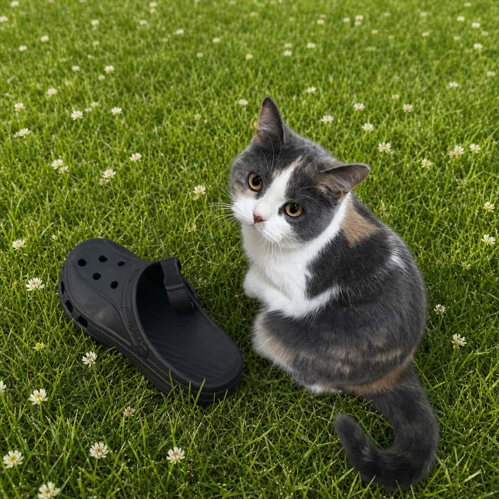 SootheHerbs adorable cat Nomi sitting on a vibrant green grass field with white wildflowers, adding a touch of nature and joy to the botanical brand team.