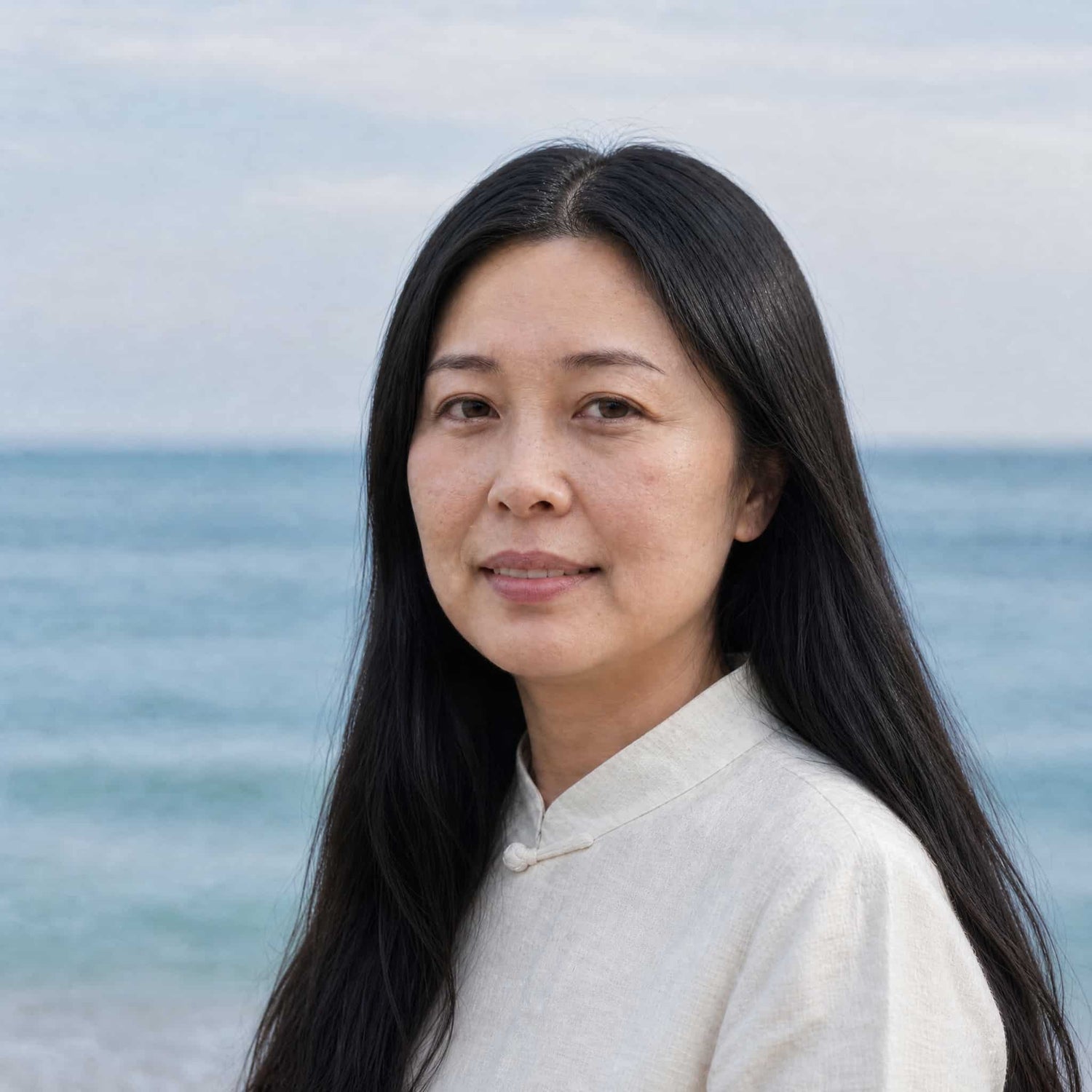 SootheHerbs artisan Ms. Zheng in a traditional linen top smiling gently against a peaceful blue ocean background, bringing a decade of expertise to Eastern skincare crafting.