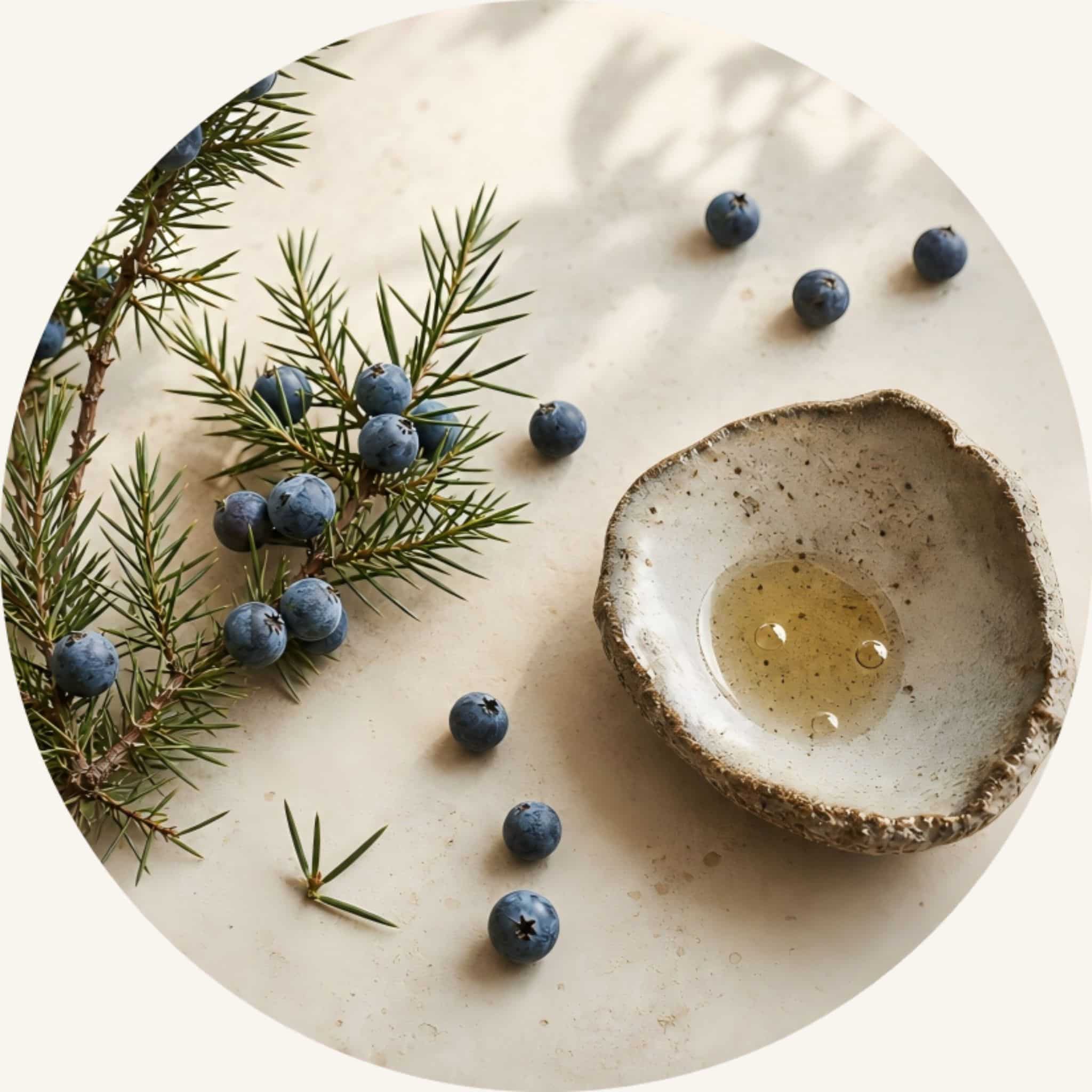 SootheHerbs dark blue Juniper berries paired with fresh pine needles next to a stone saucer, serving as a key botanical in our lymphatic massage oil to reduce puffiness and promote a refreshed feel.