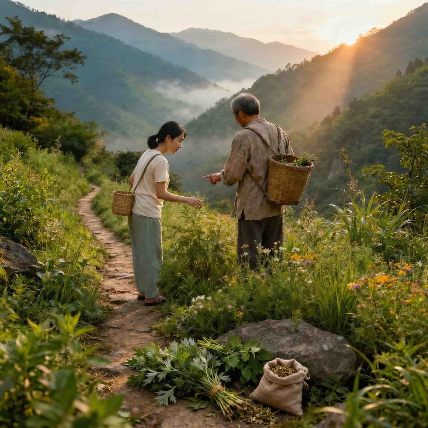 SootheHerbs founder Bella and her herbalist uncle gathering wild plants in a sunlit mountain valley, embodying the traditional Chinese medicine skincare heritage of the brand.