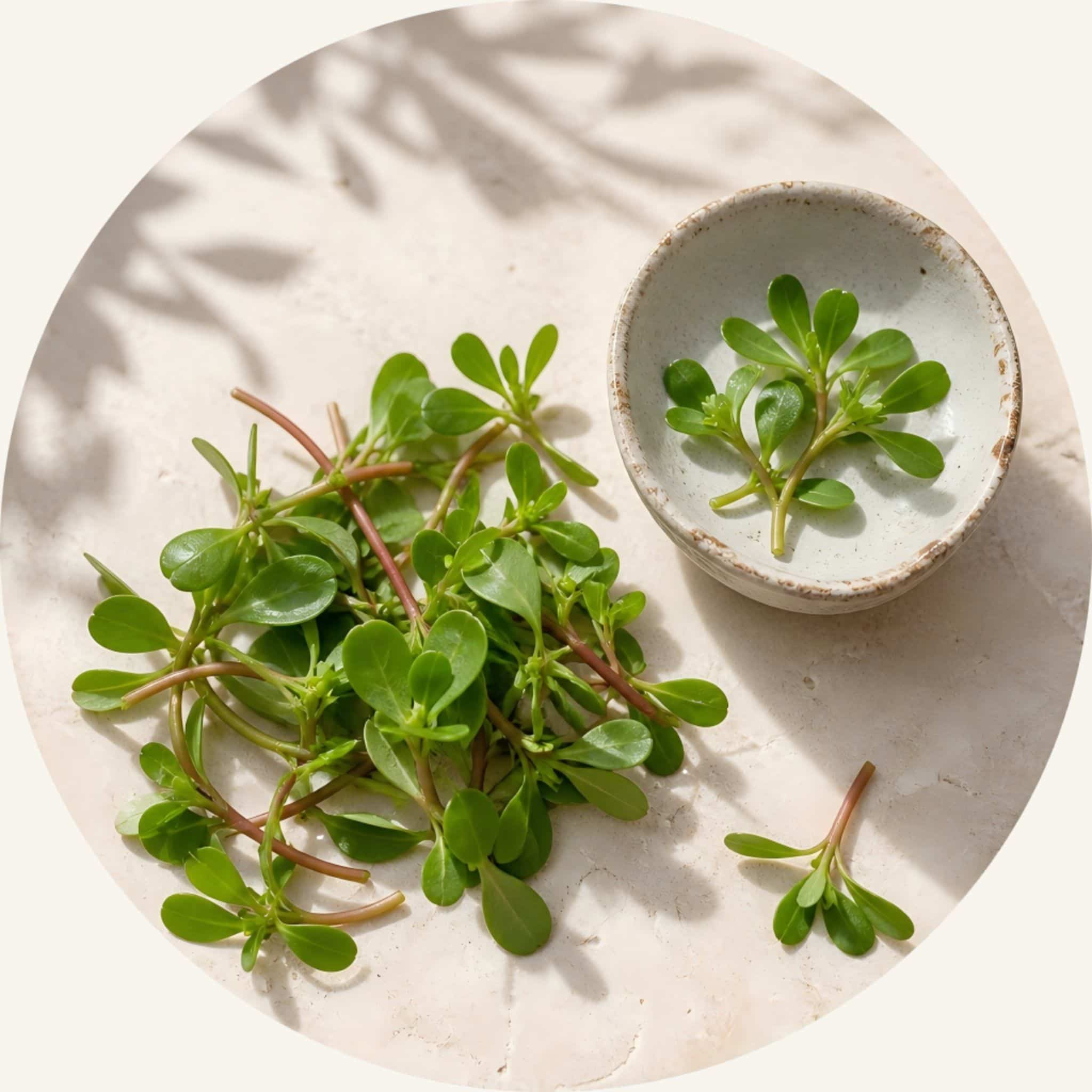 SootheHerbs fresh green Purslane stems and leaves next to a ceramic bowl, a key herb in our fragrance free soap for sensitive skin to soothe redness and visible skin discomfort.