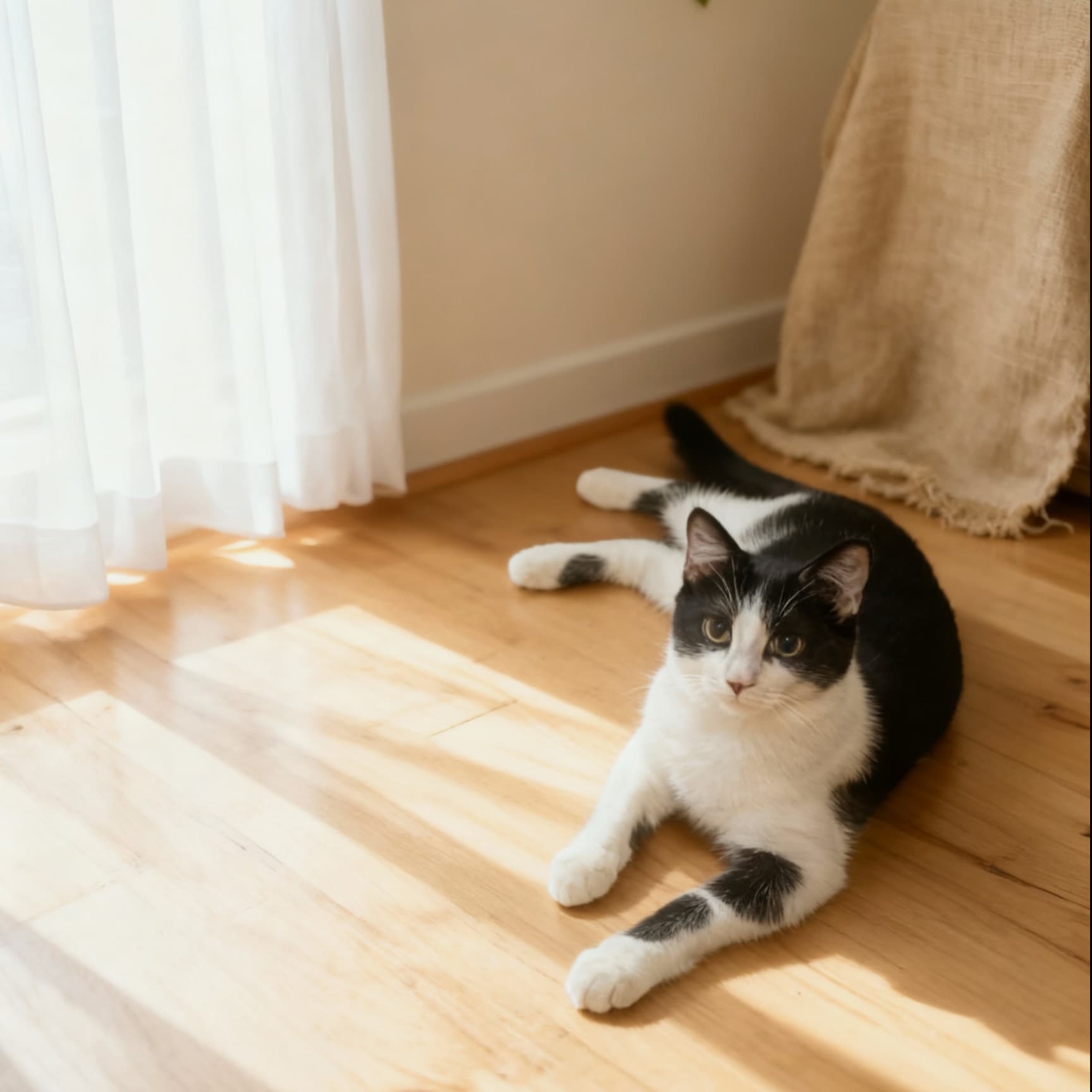 SootheHerbs furry quality inspector cat Tu Tuan relaxing on a sunlit wooden floor inside the studio, embodying a slow and peaceful natural lifestyle.