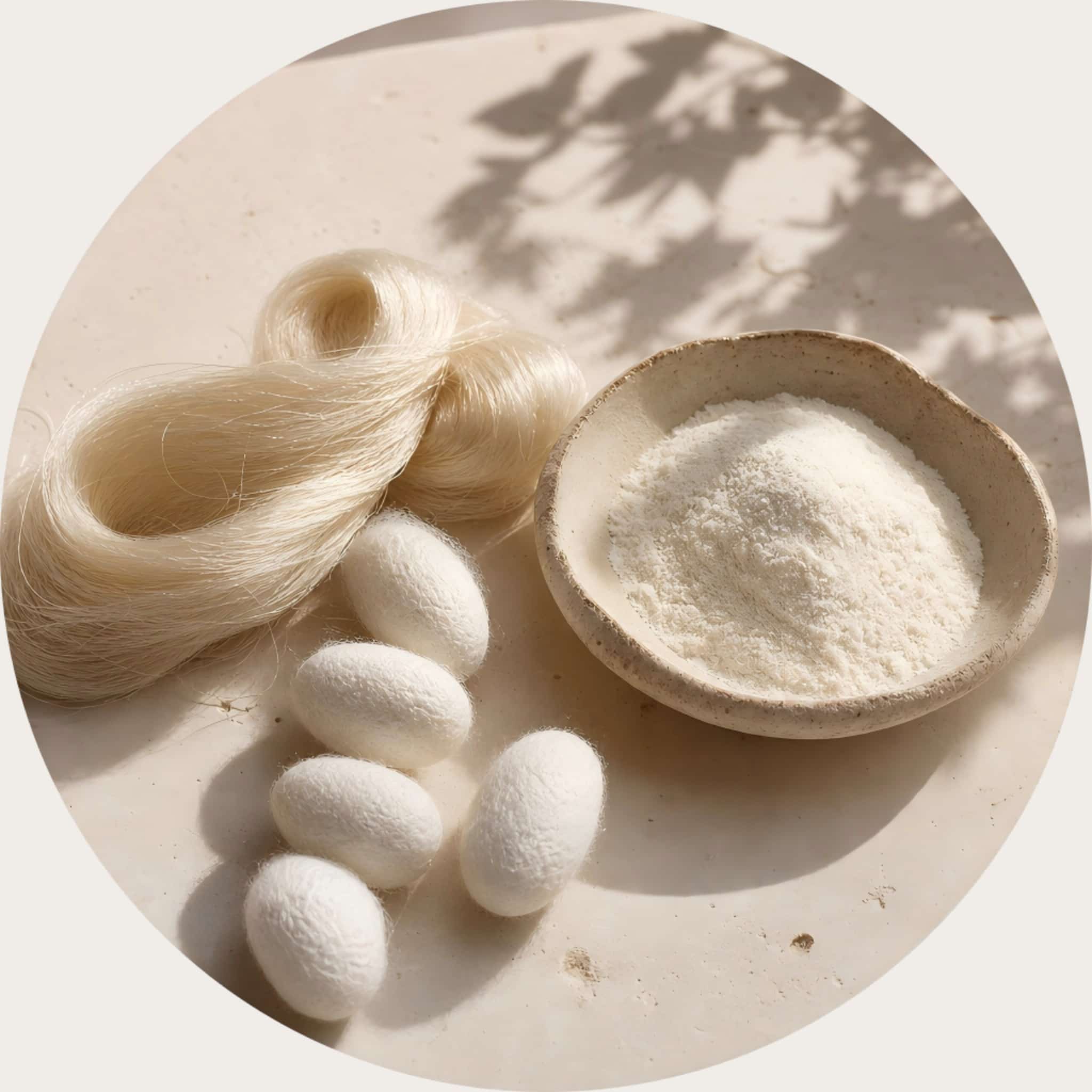 SootheHerbs natural raw silk cocoons and powder in a small dish, featured in our moisturizing silk soap to envelop skin in lightweight amino acids for a silky, smooth-to-the-touch feel.