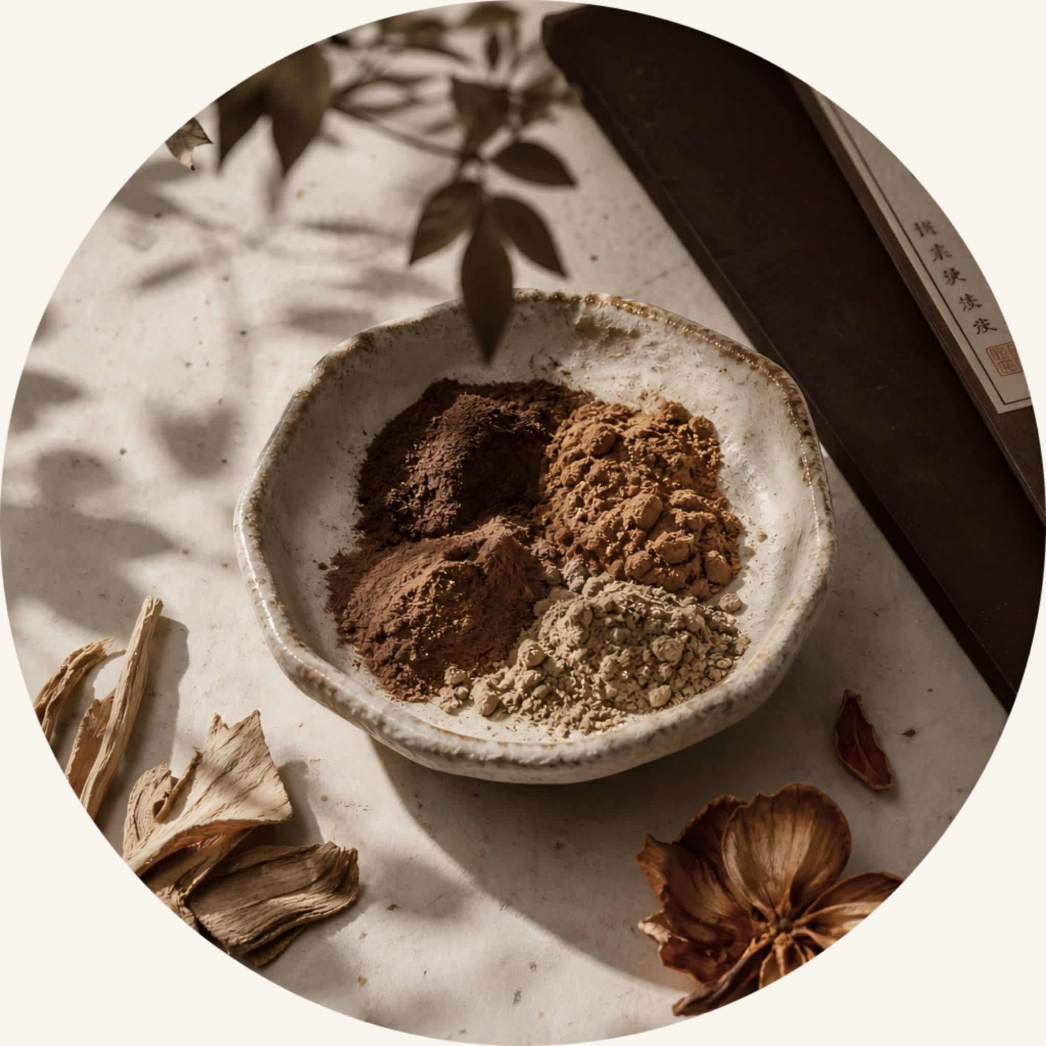 SootheHerbs signature Eastern herbal powders and root slices arranged in a rustic stone plate, infused into this pure natural massage oil to support metabolic warmth and a defined appearance.