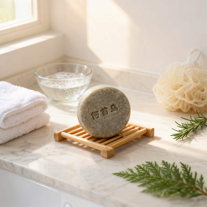 Sulfate free rosemary shampoo bar on a bamboo soap dish with fresh rosemary sprigs, a revitalizing shampoo for scalp care and natural volume.