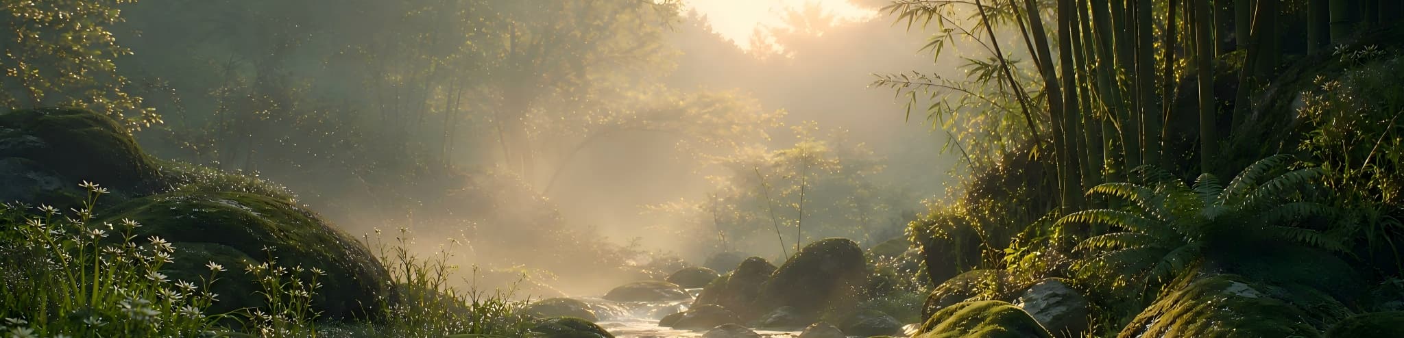 Sunlight filtering through a misty morning forest with a flowing river and wild herbs, representing the holistic body care and botanical wellness philosophy of SootheHerbs.
