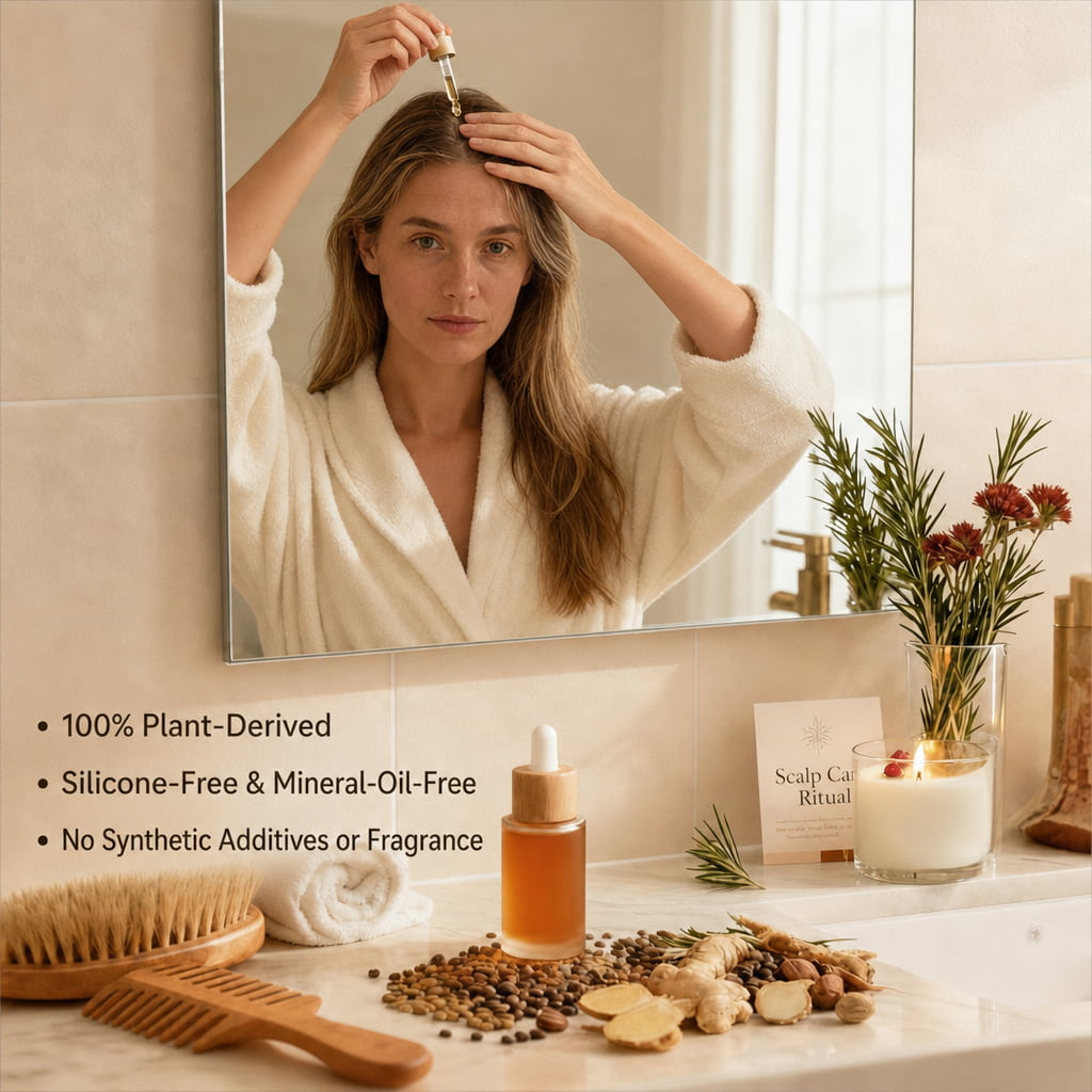 Woman applying botanical scalp massage oil with a dropper, used as a natural hot oil treatment for natural hair to strengthen strands.