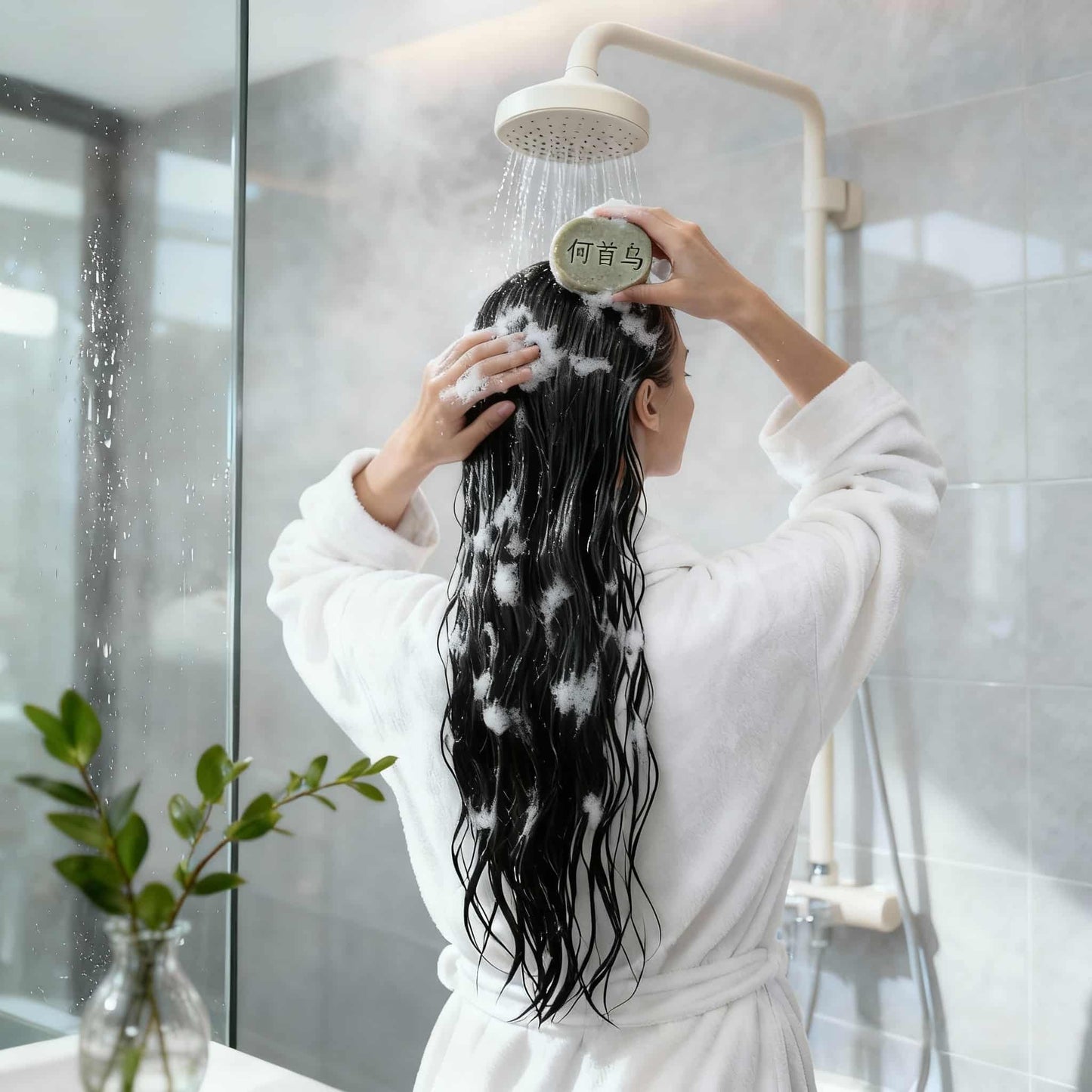 Woman with long hair using densifying shampoo for thin & fine hair in the shower, applying scalp care densifying shampoo bar for thicker and fuller-looking hair.