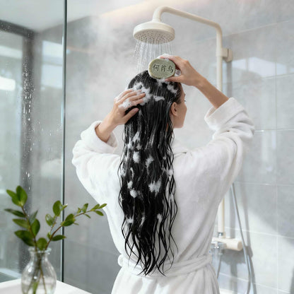 Woman with long hair using densifying shampoo for thin & fine hair in the shower, applying scalp care densifying shampoo bar for thicker and fuller-looking hair.
